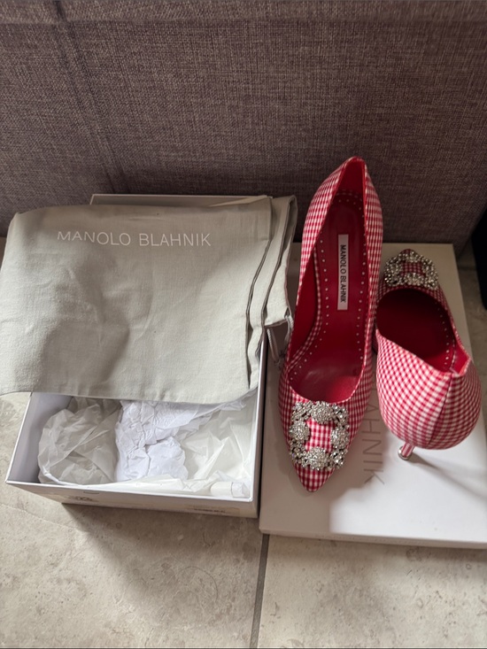 Manolo Blahnik Shoes - Manolo Blahnik Red Gingham Crystal-Buckle Pointed Toe Pumps